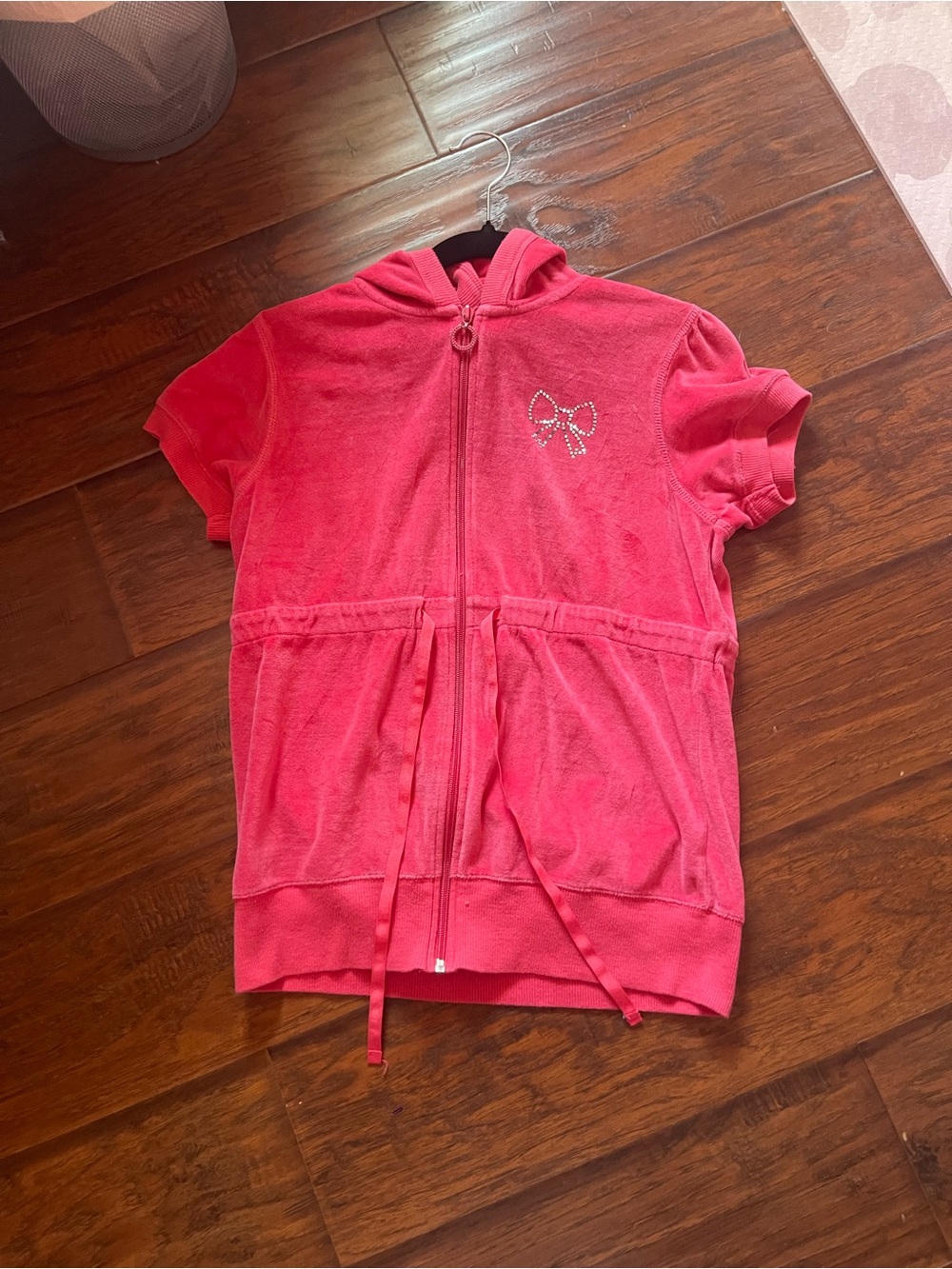 women’s ' Pink Hooded Zip-Up Short Sleeve Top with Bow Accent